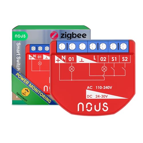 NOUS ZigBee Smart Switch Module mit Leistungsmessung, 2 Kanäle, AC 16A/DC 10A, Trockenkontakte, 3.0...