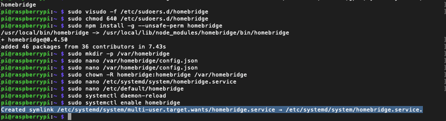 Automatischer Homebridge Homebridge Systemstart eingerichtet.