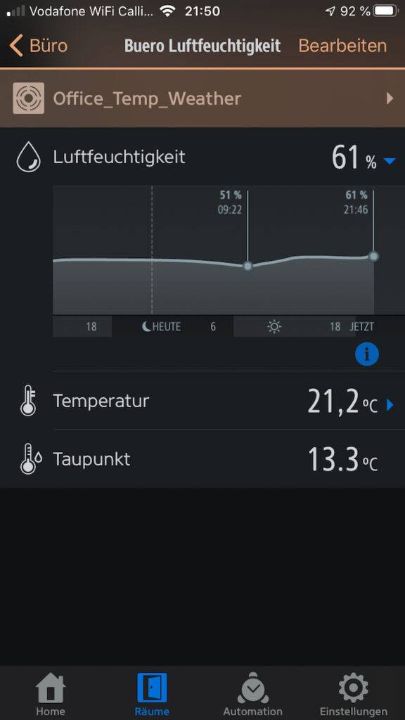 Grafische Darstellung der Luftfeuchtigkeit eines Homekit Gerätes in der Eve App.