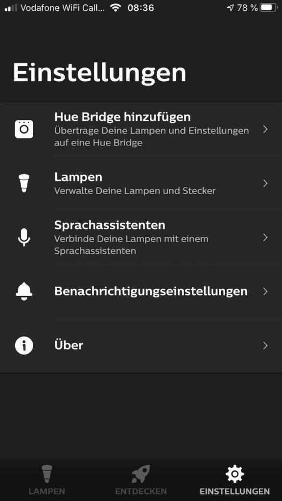 Hue Bluetooth App mit dem Menüpunkt Hue Bridge hinzufügen.