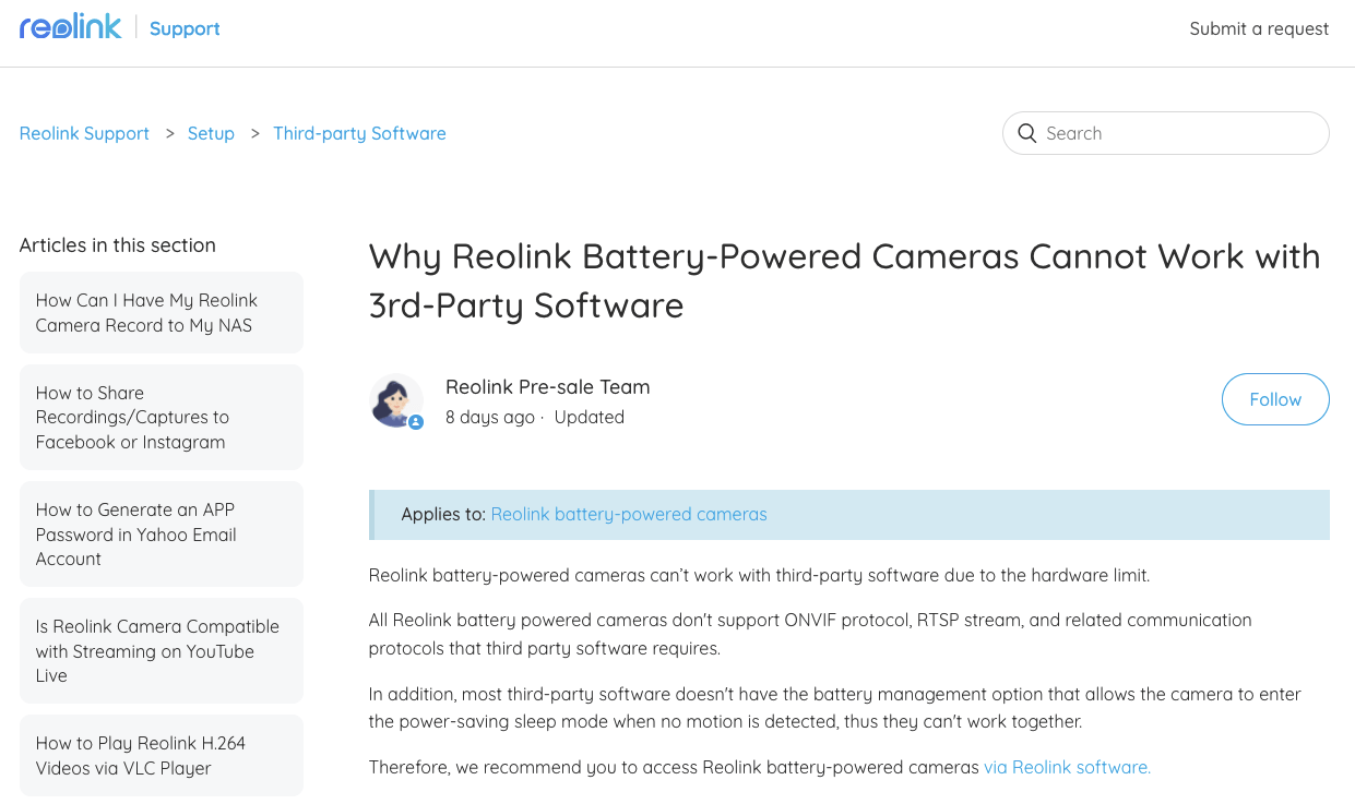 reolink Support Artikel. Kein RTSP bei Batterie Kameras.