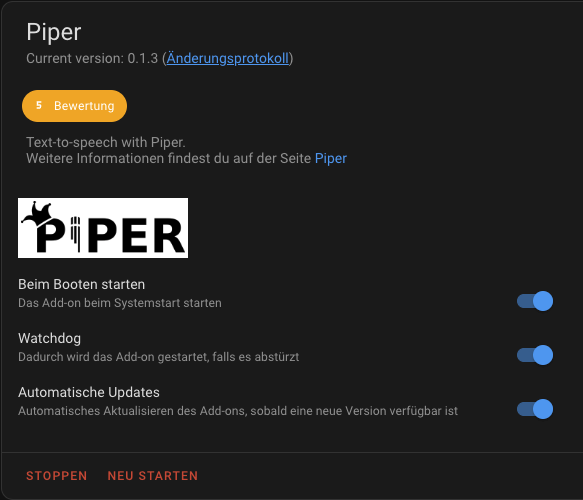 Home Assistant Assist Add-On Piper für Text zu Sprache