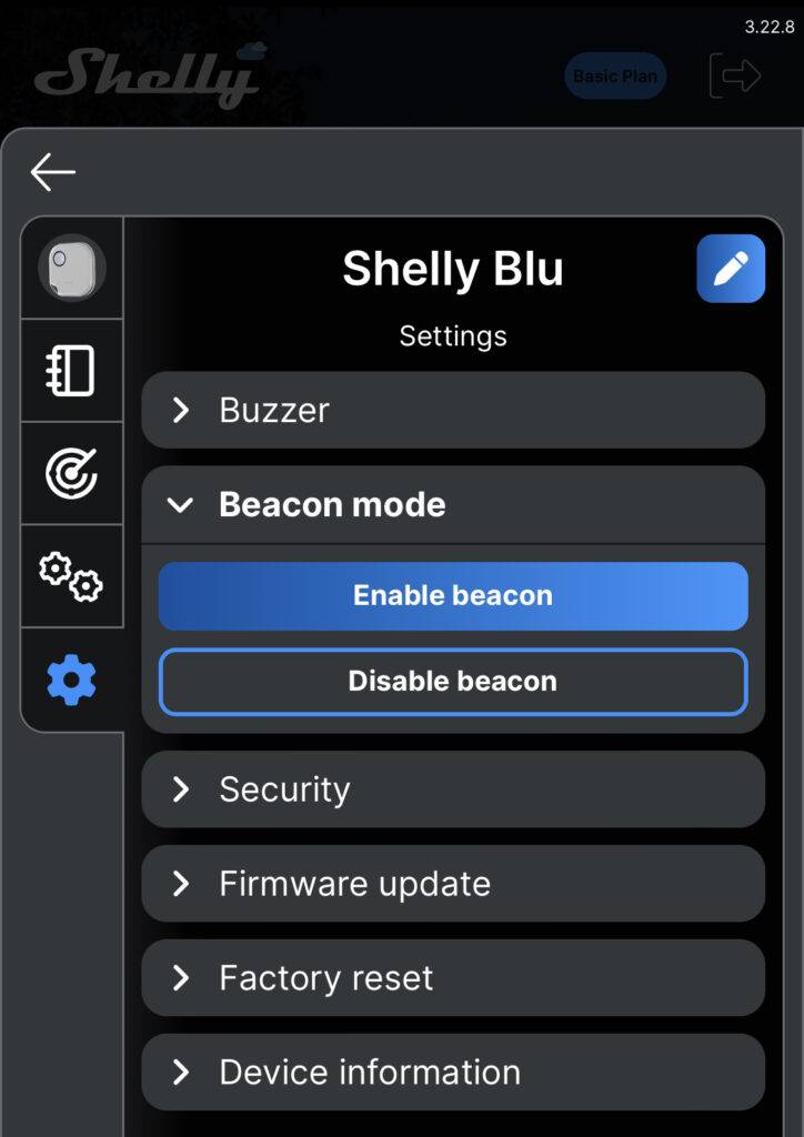 Shelly BLU Button 1 Beacon Mode aktivieren