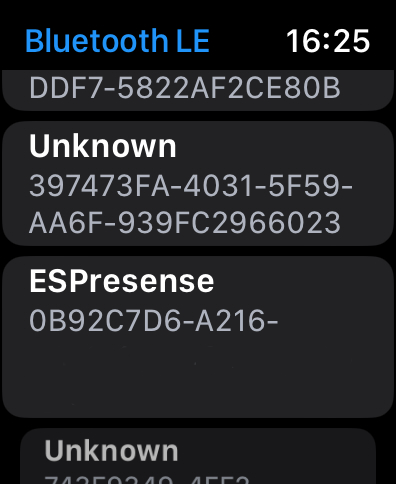 ESPresense Bluetooth Gerät innerhalb Bluetooth Terminal App auf Apple Watch