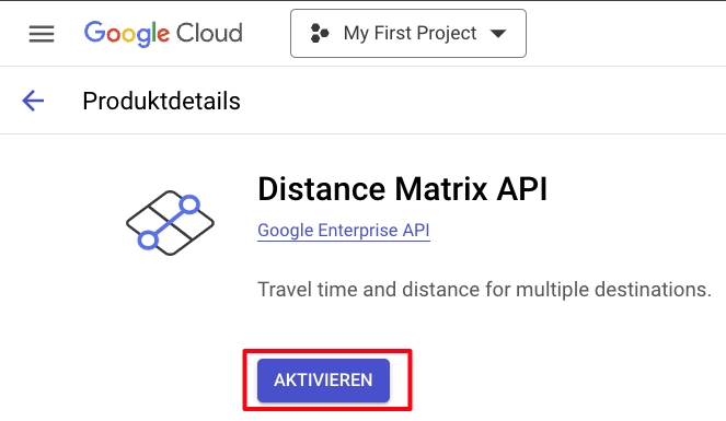 Google Distance Matrix API aktivieren