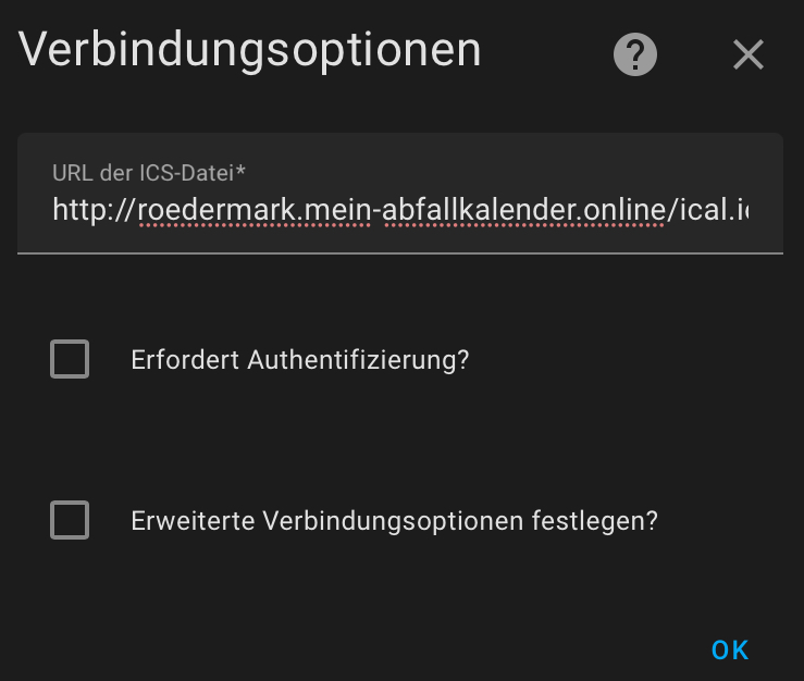 Rödermark Abfallkalender URL Home Assistant ICS Kalender Integration.