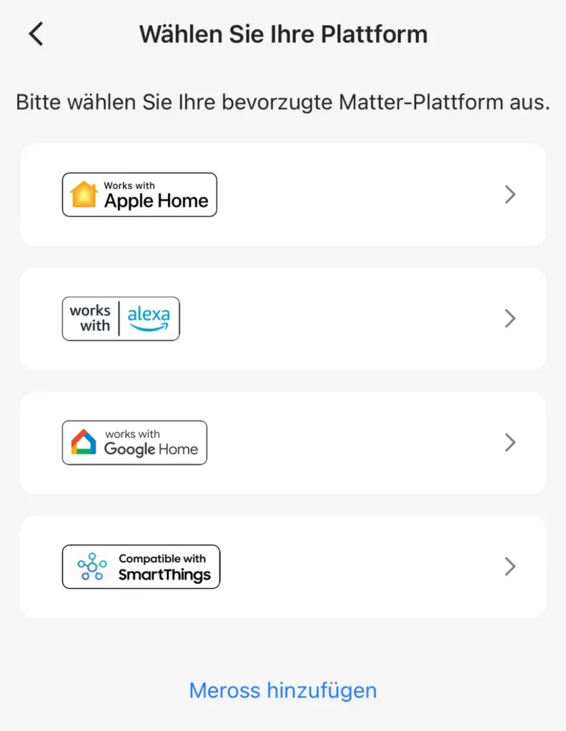 Meross Matter Platform auswählen