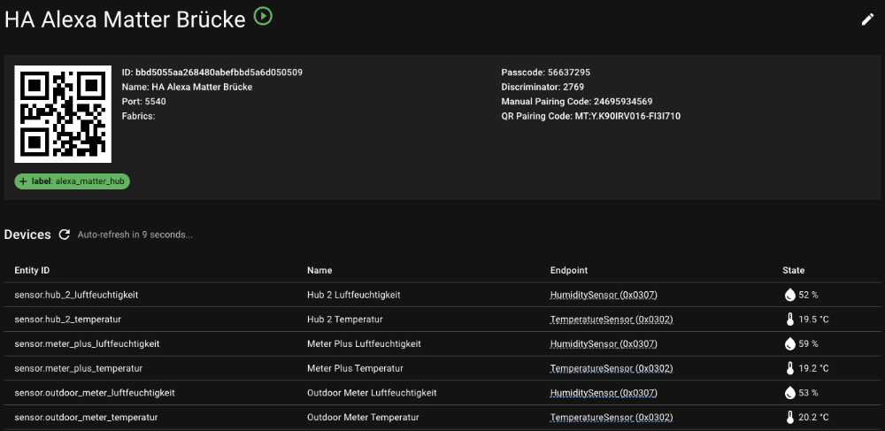 Übersicht HA Matter Bridge Konfiguration Code und Geräte