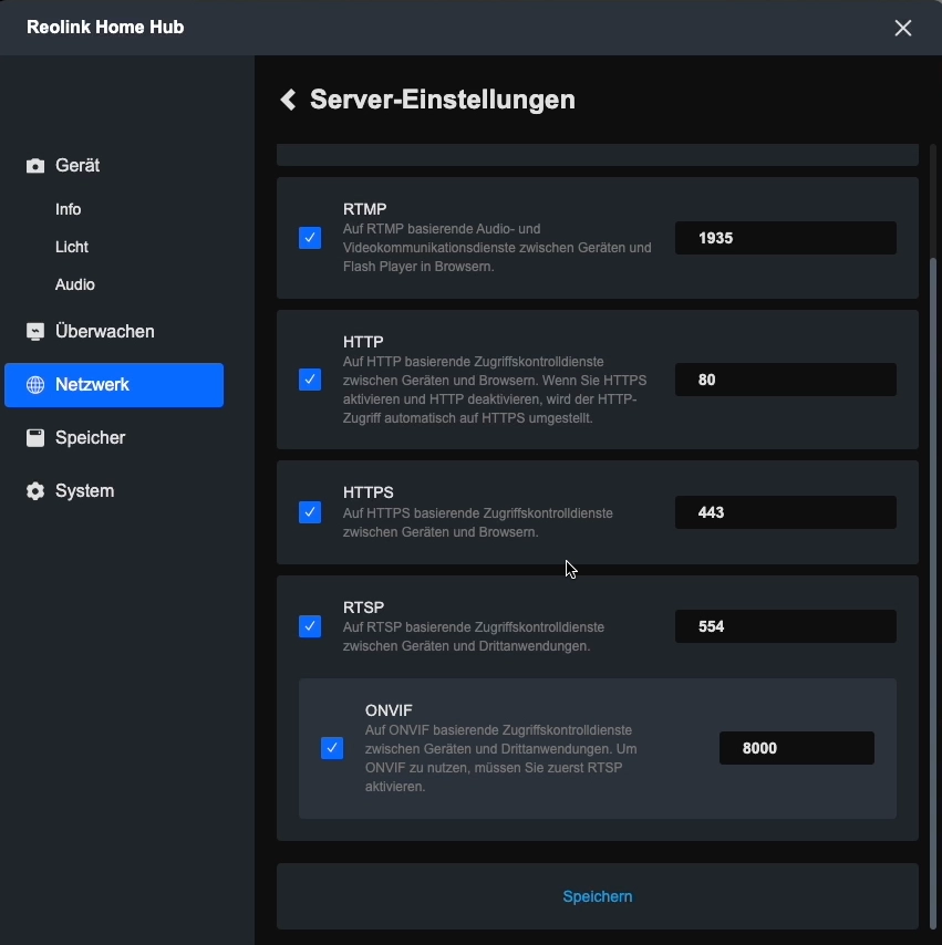 Reolink Home Hub Server Einstellungen.