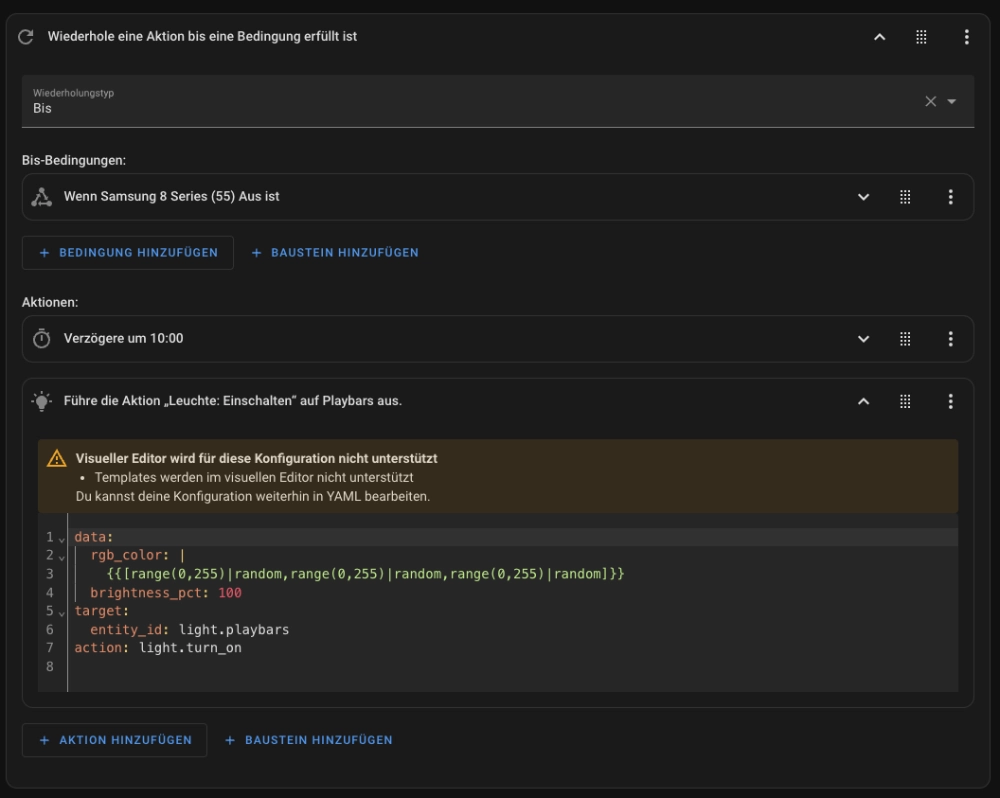 Home Assistant Automatischer Farbwechsel kombiniert mit Aktion Wiederholen Bis