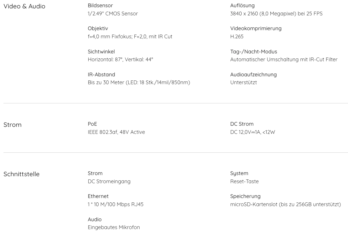 Reolink RLC 810A Technische Daten