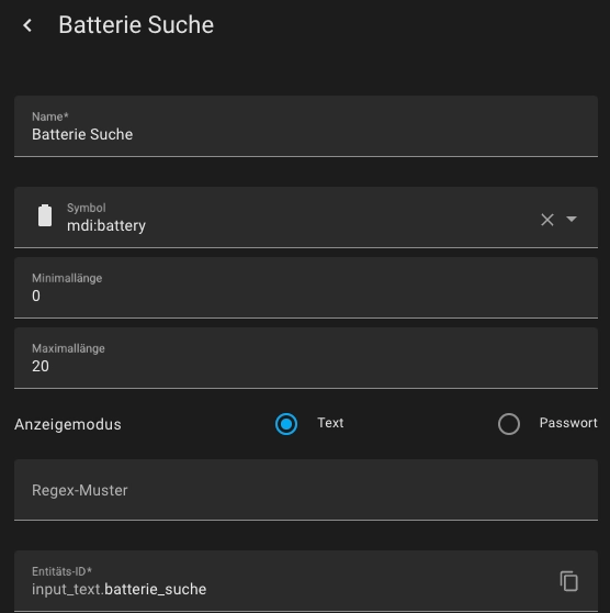 Batterie Typ Textfeld Helfer für Home Assistant