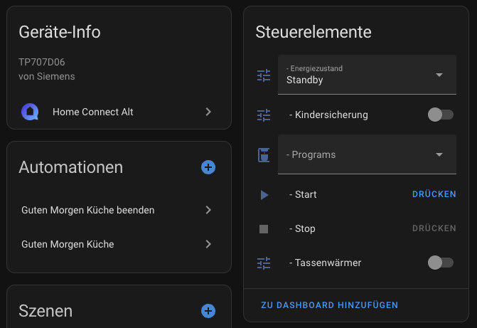 Siemens EQ 700 Home Assistant Integration mit Home Connect HACS Integration