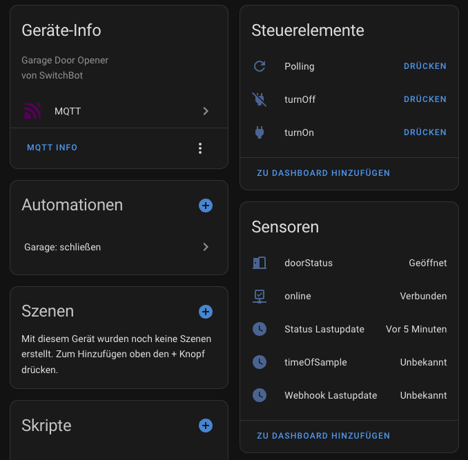 Switchbot Garagentoröffner über SwitchbotMQTT Home Assistant Integration.
