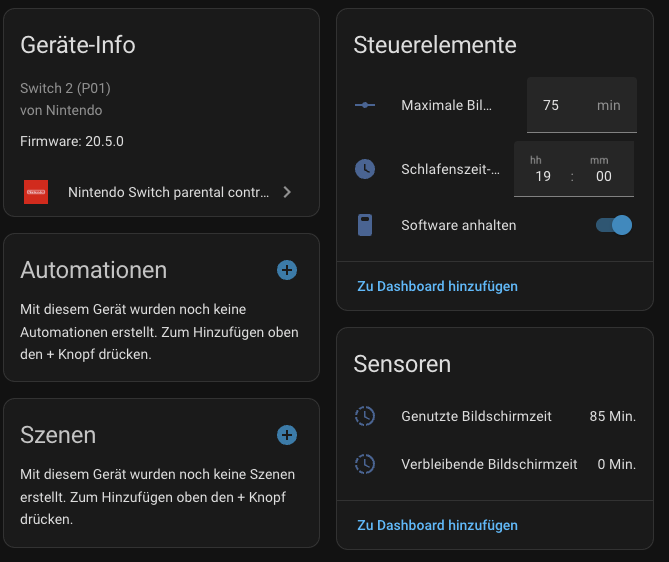 Nintendo Switch Parental Control Gerät in Home Assistant