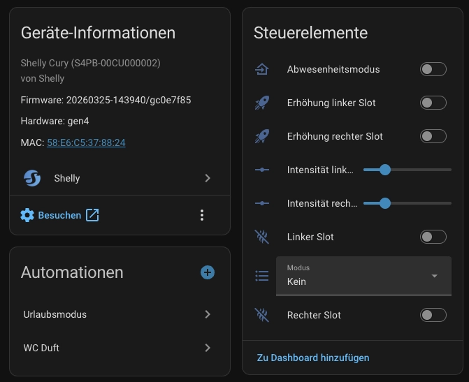 Shelly Cury Home Assistant Steuerelemente