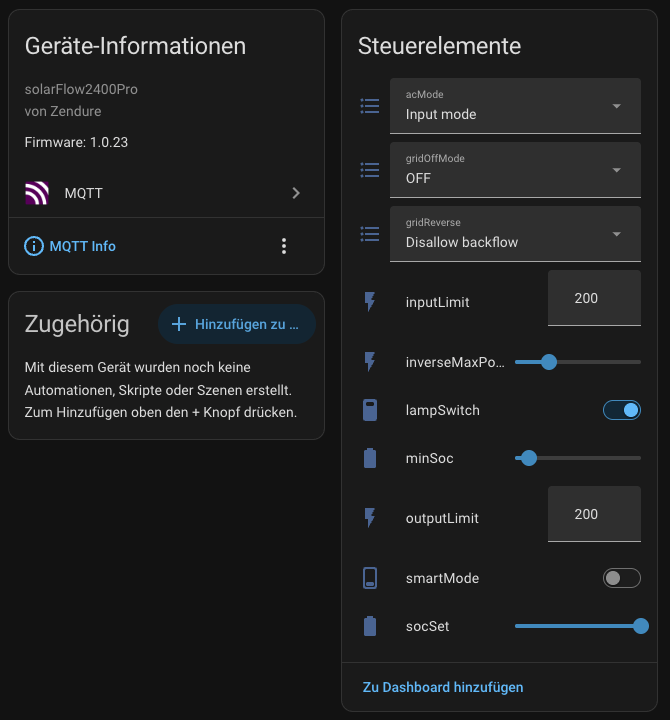 Zendure Solarflow 2400 Pro Home Assistant MQTT Steuerelemente
