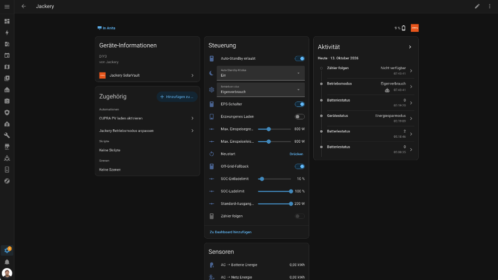 Jackery Home Assistant HACS Integration als Fork des original Repository mit mehr Steuerungsmöglichkeiten und Entitäten.